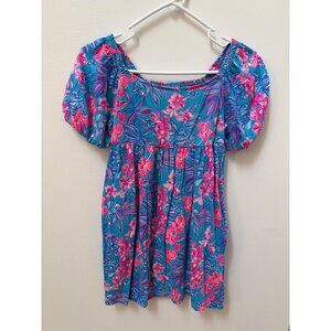 Lilly Pulitzer Girls Size 8-10 Large Floral Smocked Dress 00% Cotton Blue & Pink